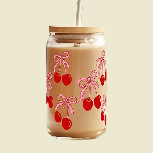 Cherry & Bow Glass Tumbler with Bamboo Lid and Glass Straw